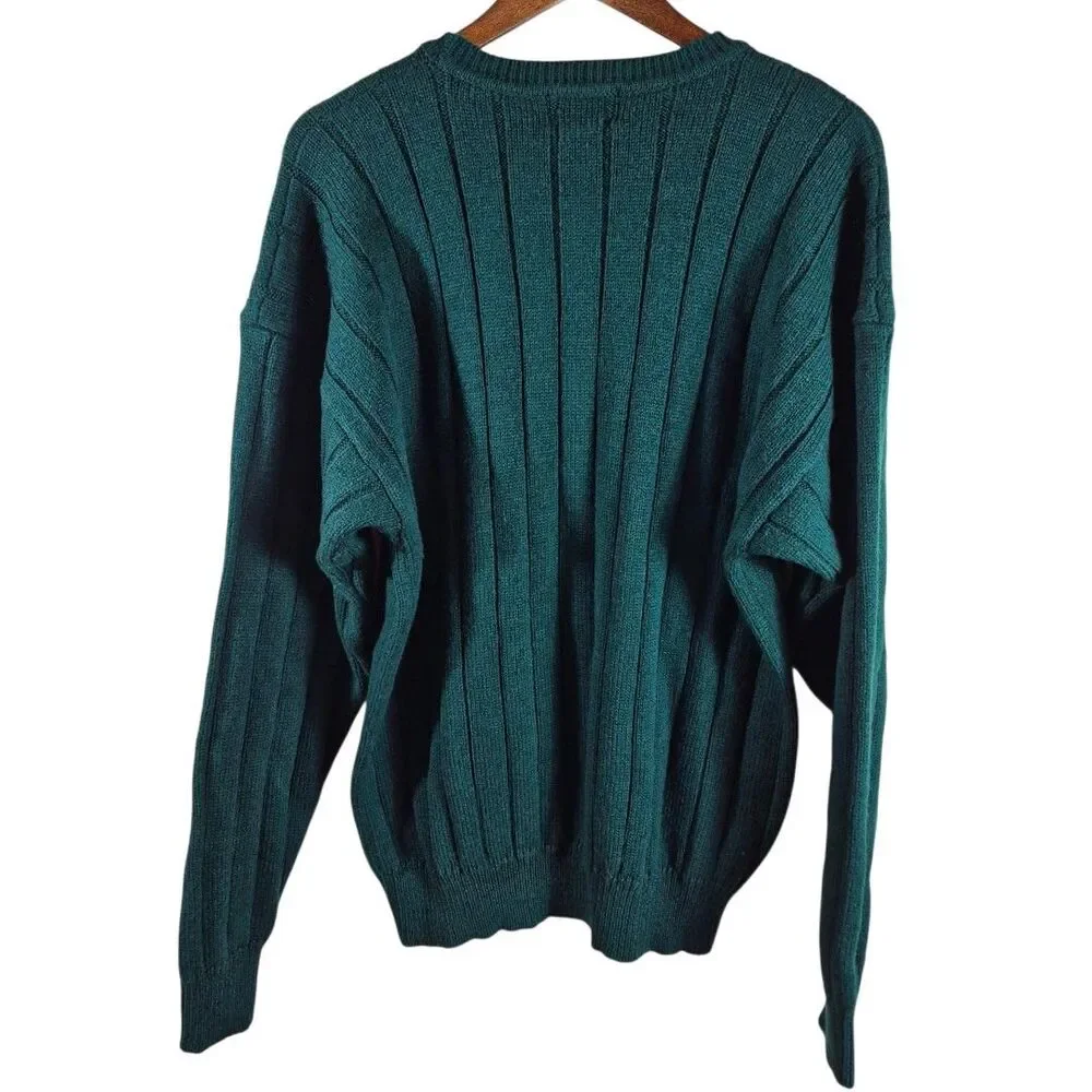 Vtg 90s Fisherman Grandpa Wool Blend L Dark Academia Sweater Green Rib Preppy